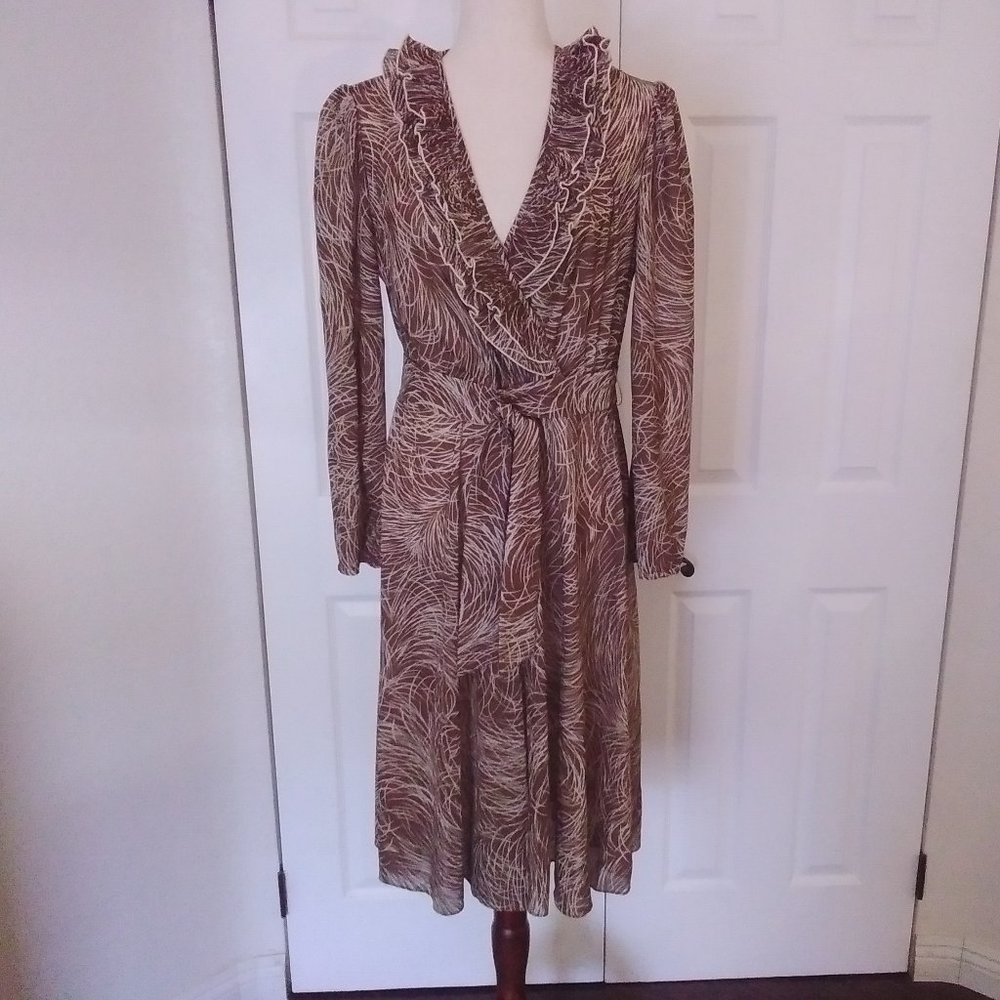 Studio 36 Dress Vintage 80's Brown & Cream Long Sleeve Size L Deep V-Neck